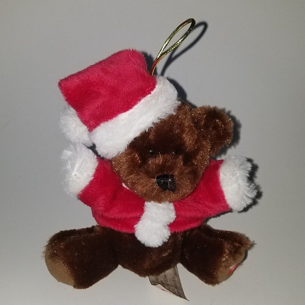 Hugfun Brown Teddy Bear Plush 6" Stuffed Toy Ornament Red Santa Hat Christmas